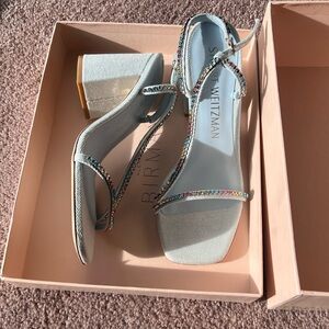 Stuart Weitzman 3” block heel studded baby blue sandals 10b
